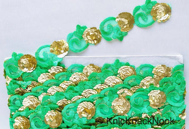 Green Lace Trim, Tissue Fabric Cutwork With Floral Embroidery & Gold Sequins,